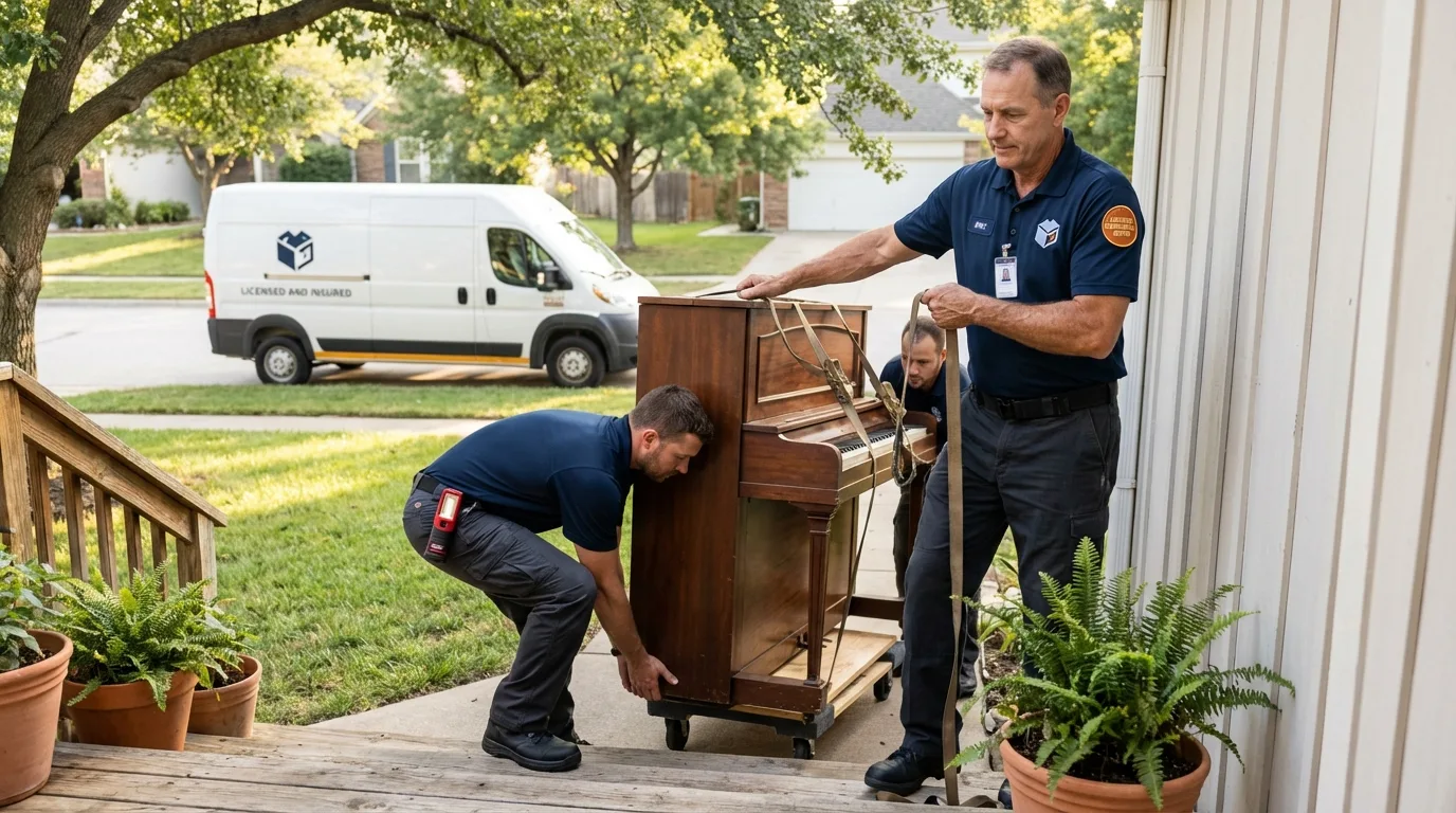Licensed piano movers securing grand piano in Hershey, PA