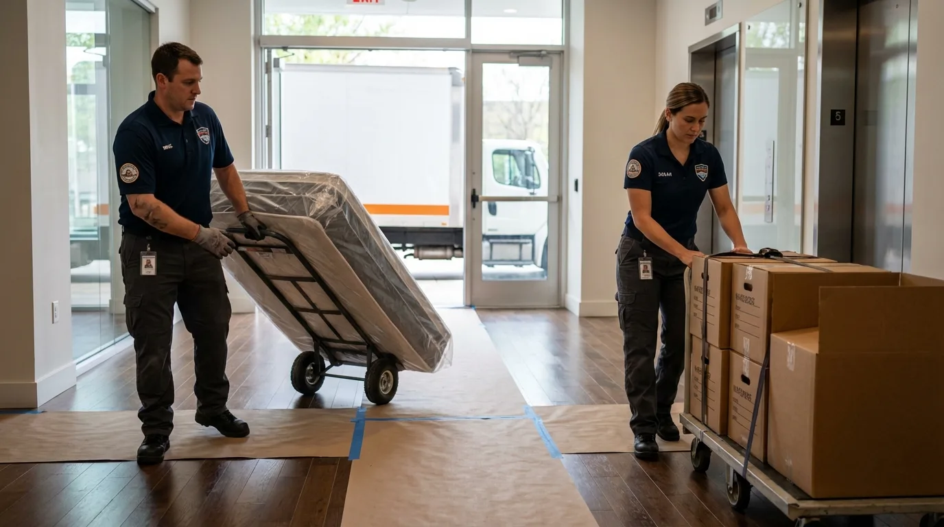 Professional apartment movers loading elevator in Hershey, PA